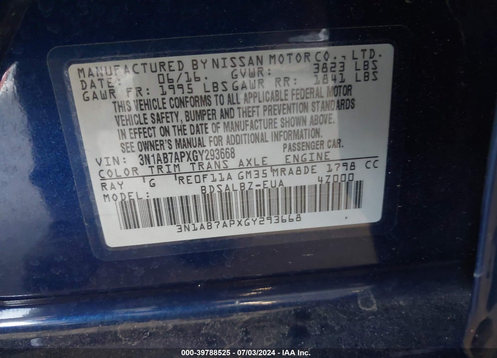 2016 NISSAN SENTRA S VIN: 3N1AB7APXGY293668