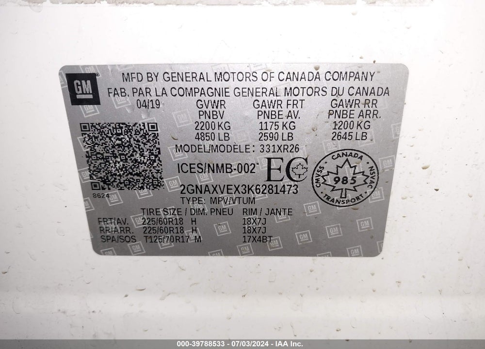 2019 CHEVROLET EQUINOX LT VIN: 2GNAXVEX3K6281473