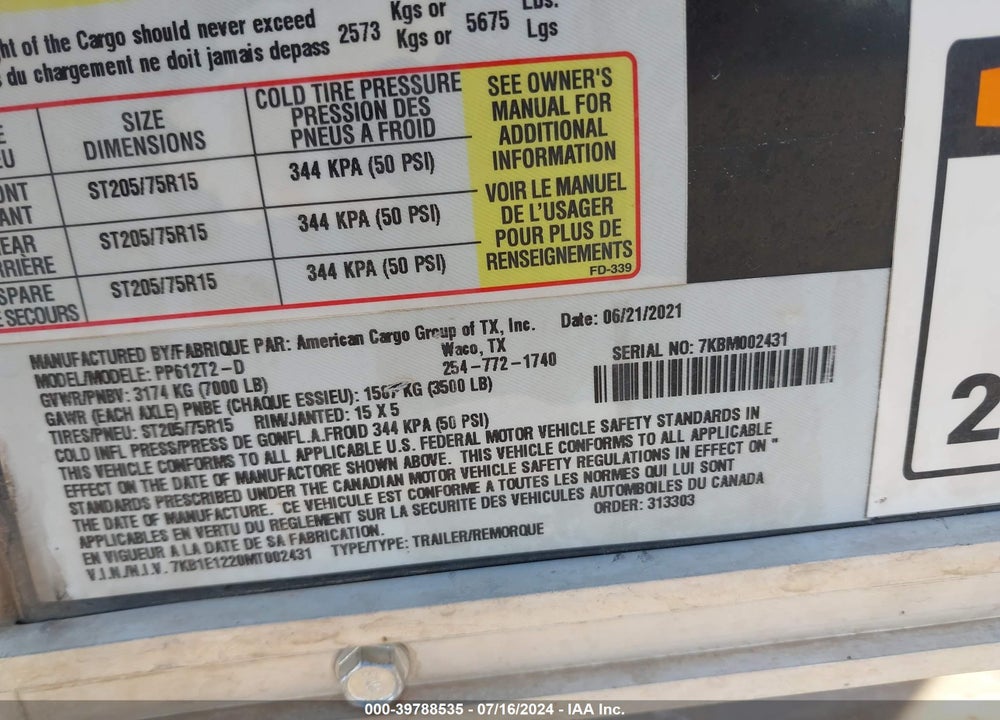 2021 HAUL MARK IND OTHER VIN: 7KB1E1220MT002431
