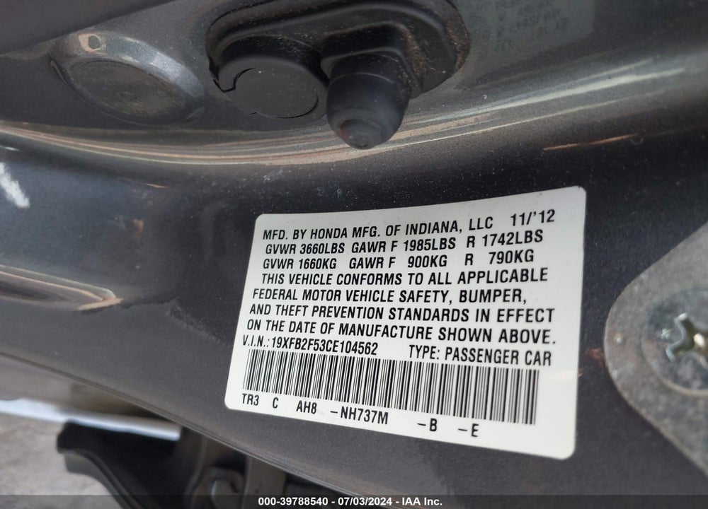 2012 HONDA CIVIC LX VIN: 19XFB2F53CE104562