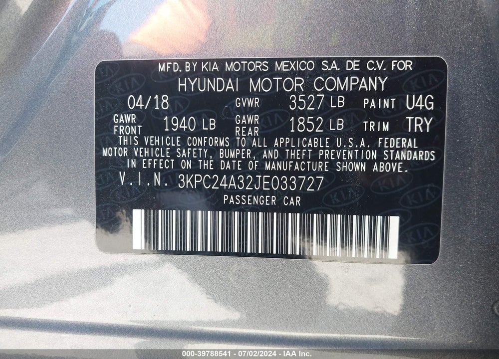 2018 HYUNDAI ACCENT SEL VIN: 3KPC24A32JE033727