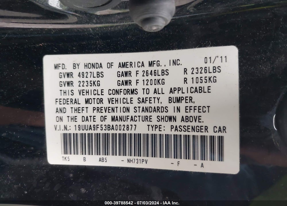 2011 ACURA TL 3.7 VIN: 19UUA9F53BA002877