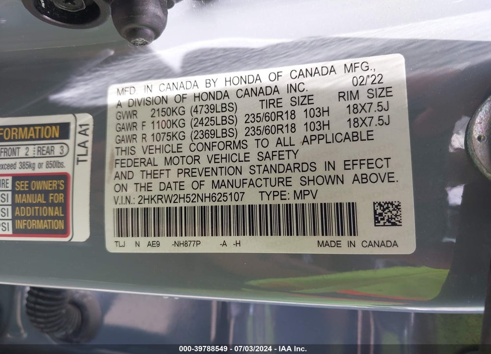 2022 HONDA CR-V VIN: 2HKRW2H52NH625107