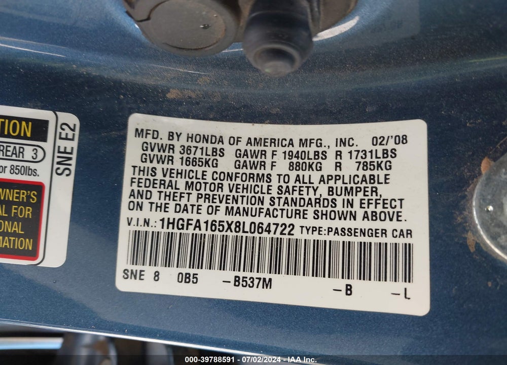 2008 HONDA CIVIC LX VIN: 1HGFA165X8L064722