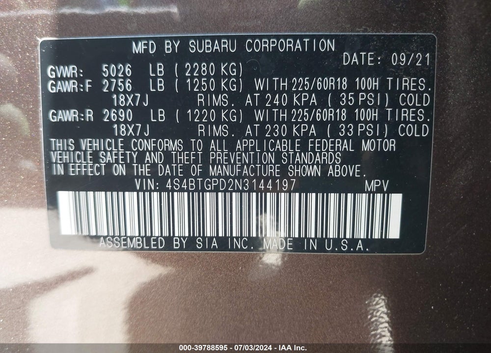 2022 SUBARU OUTBACK TOURING XT VIN: 4S4BTGPD2N3144197