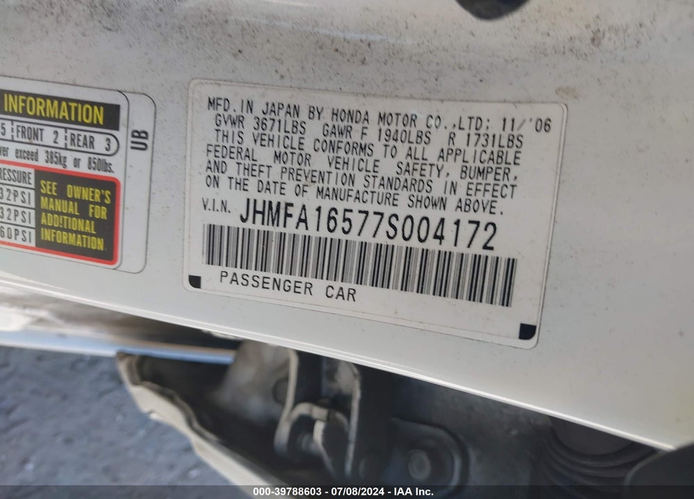 2007 HONDA CIVIC LX VIN: JHMFA16577S004172