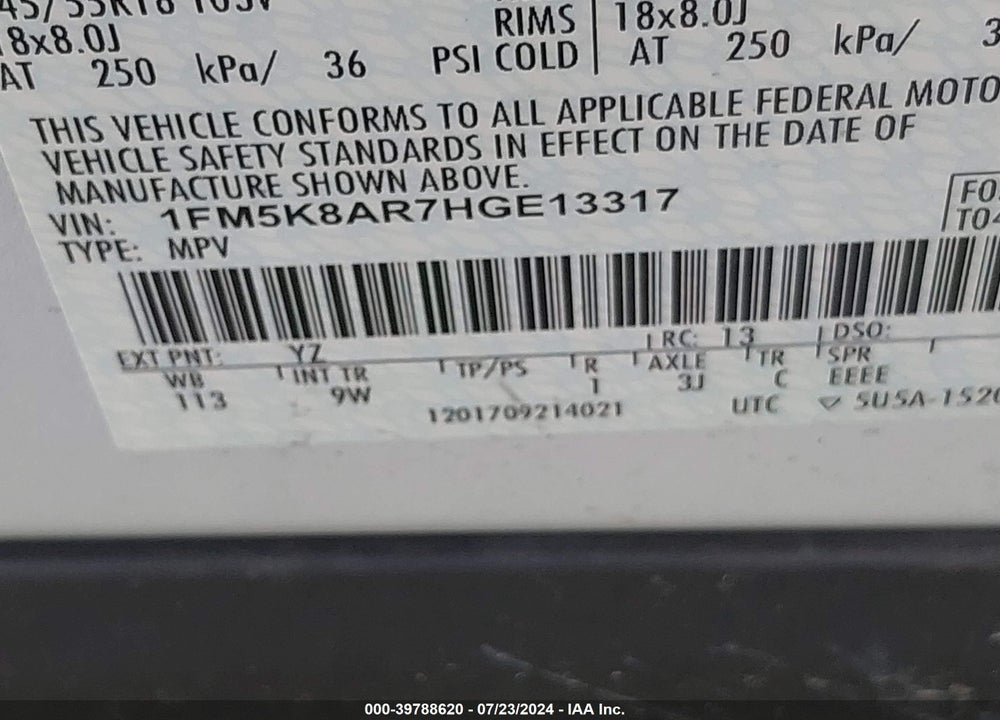 2017 FORD UTILITY POLICE INTERCEPTOR VIN: 1FM5K8AR7HGE13317