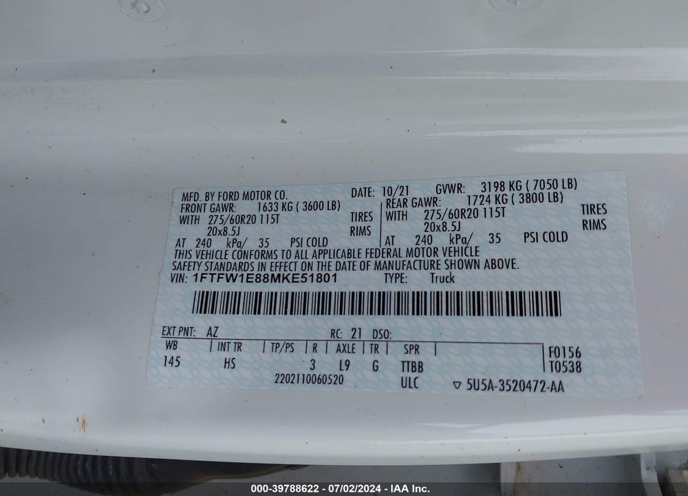 2021 FORD F-150 LARIAT VIN: 1FTFW1E88MKE51801