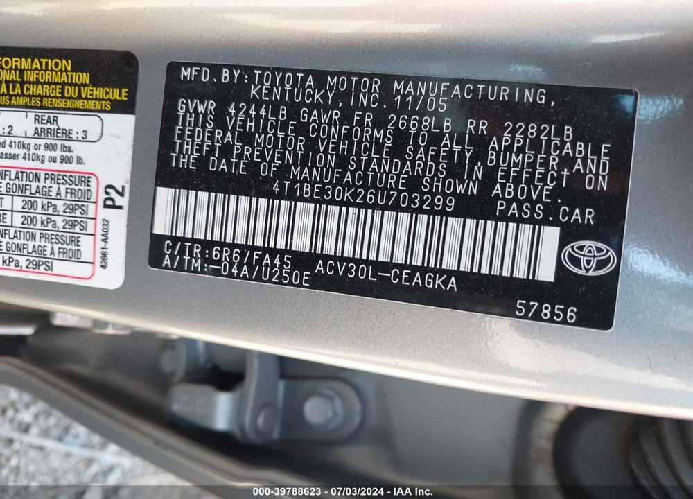 2006 TOYOTA CAMRY XLE VIN: 4T1BE30K26U703299
