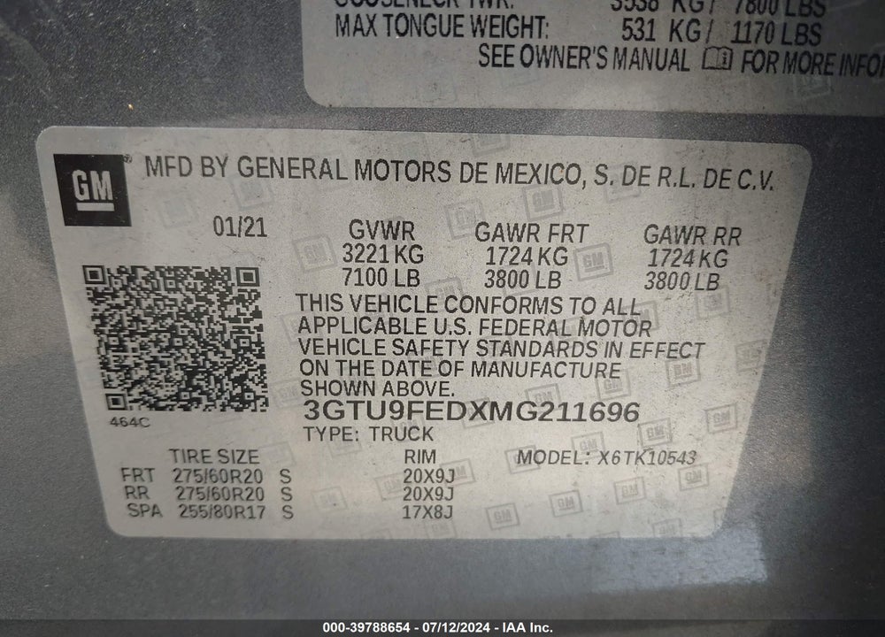 2021 GMC SIERRA 1500 4WD SHORT BOX DENALI VIN: 3GTU9FEDXMG211696