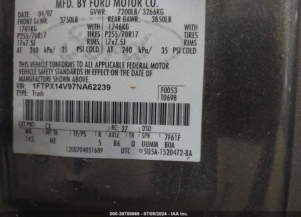 2007 FORD F-150 FX4/LARIAT/XL/XLT VIN: 1FTPX14V97NA62239