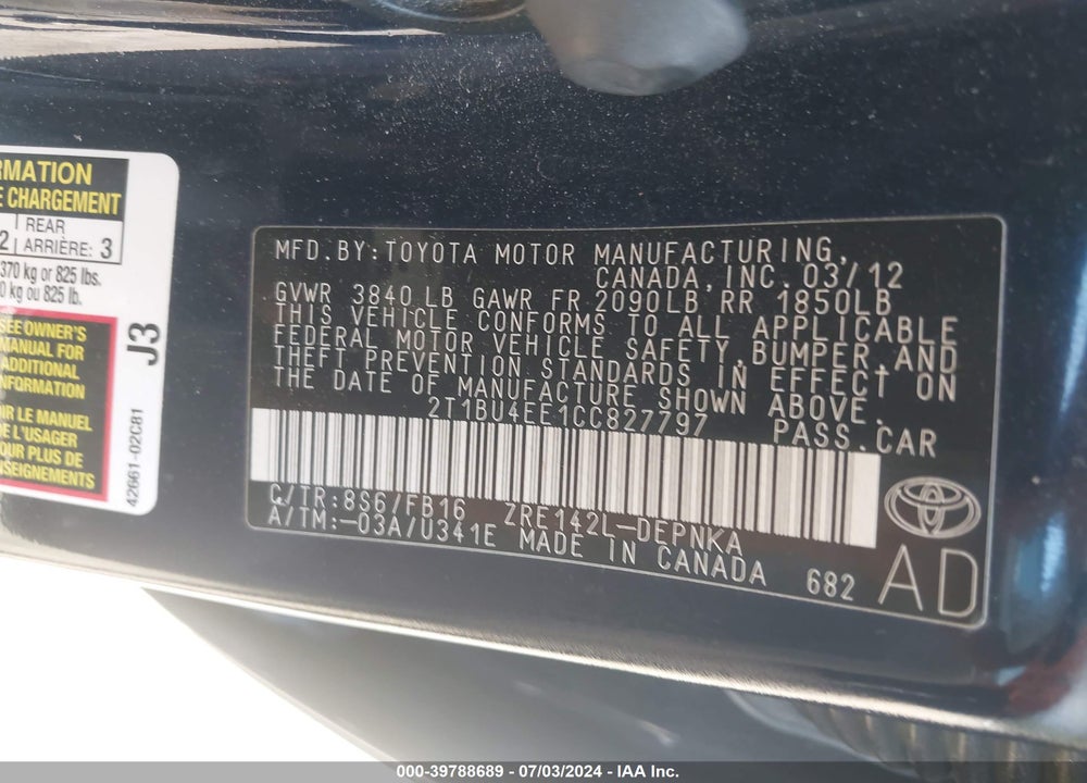 2012 TOYOTA COROLLA LE VIN: 2T1BU4EE1CC827797