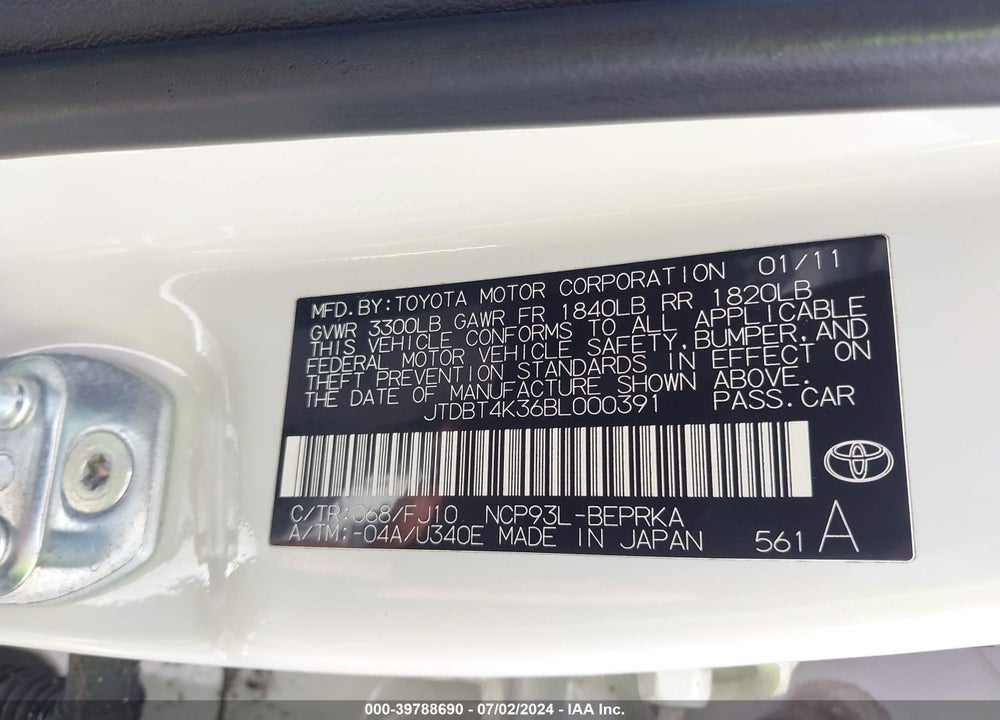 2011 TOYOTA YARIS VIN: JTDBT4K36BL000391