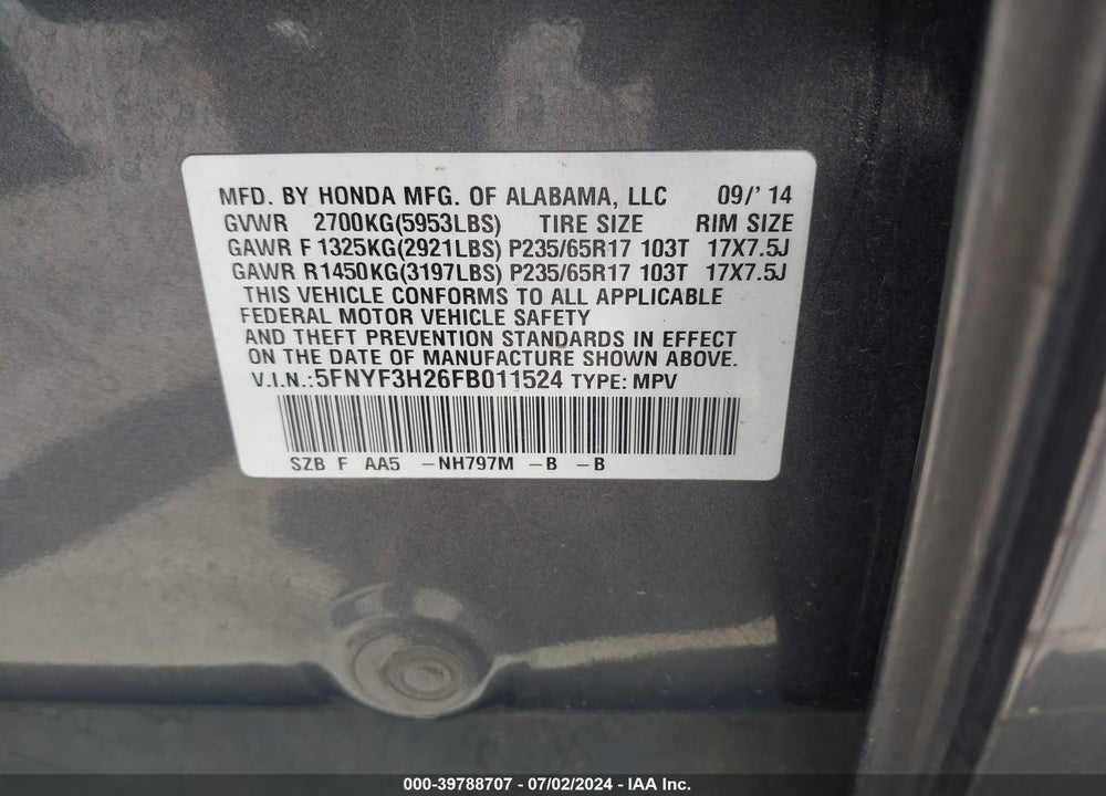 2015 HONDA PILOT LX VIN: 5FNYF3H26FB011524