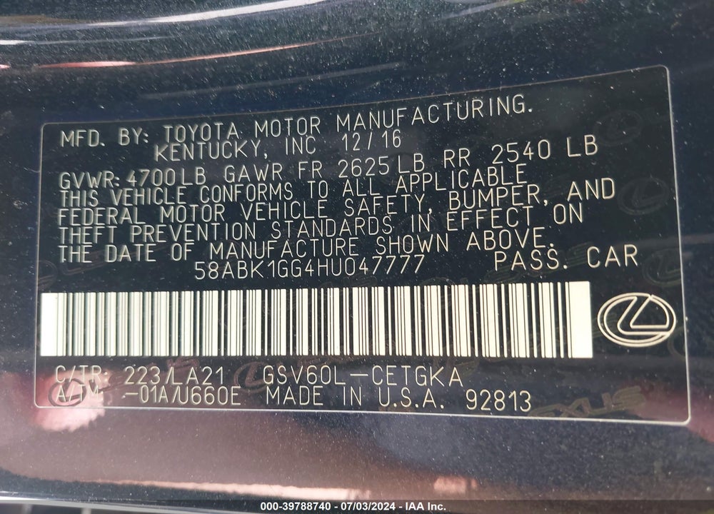 2017 LEXUS ES 350 VIN: 58ABK1GG4HU047777