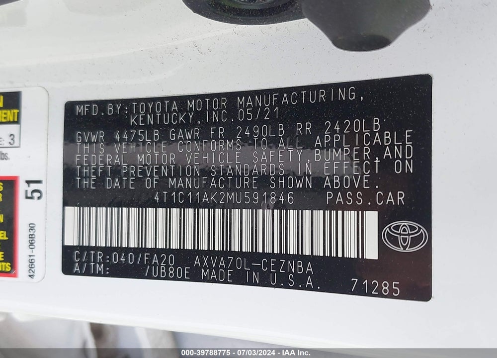 2021 TOYOTA CAMRY LE VIN: 4T1C11AK2MU591846