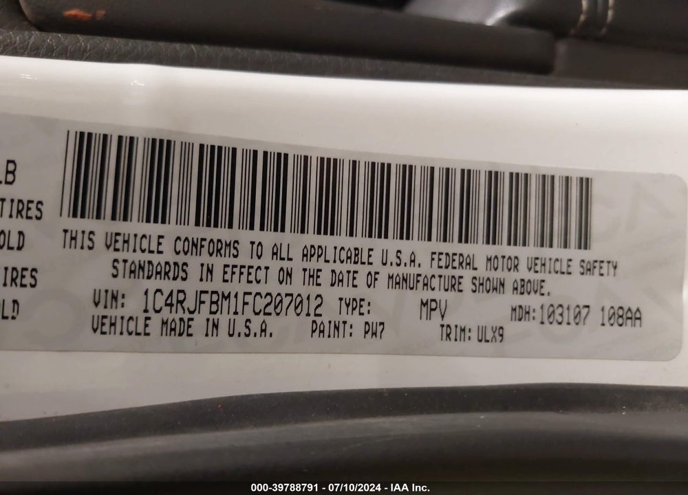 2015 JEEP GRAND CHEROKEE LIMITED VIN: 1C4RJFBM1FC207012