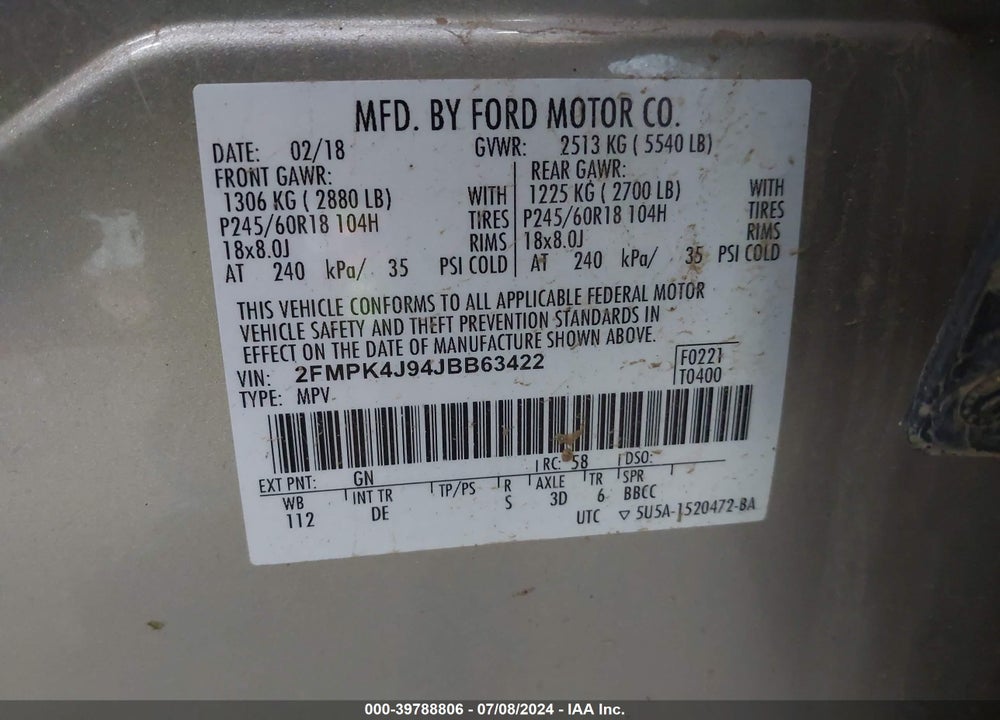 2018 FORD EDGE SEL VIN: 2FMPK4J94JBB63422