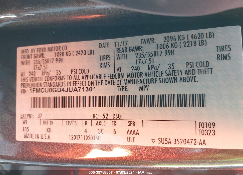 2018 FORD ESCAPE SE VIN: 1FMCU0GD4JUA71301