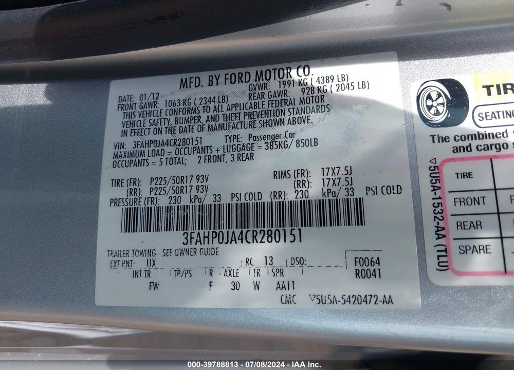 2012 FORD FUSION SEL VIN: 3FAHP0JA4CR280151