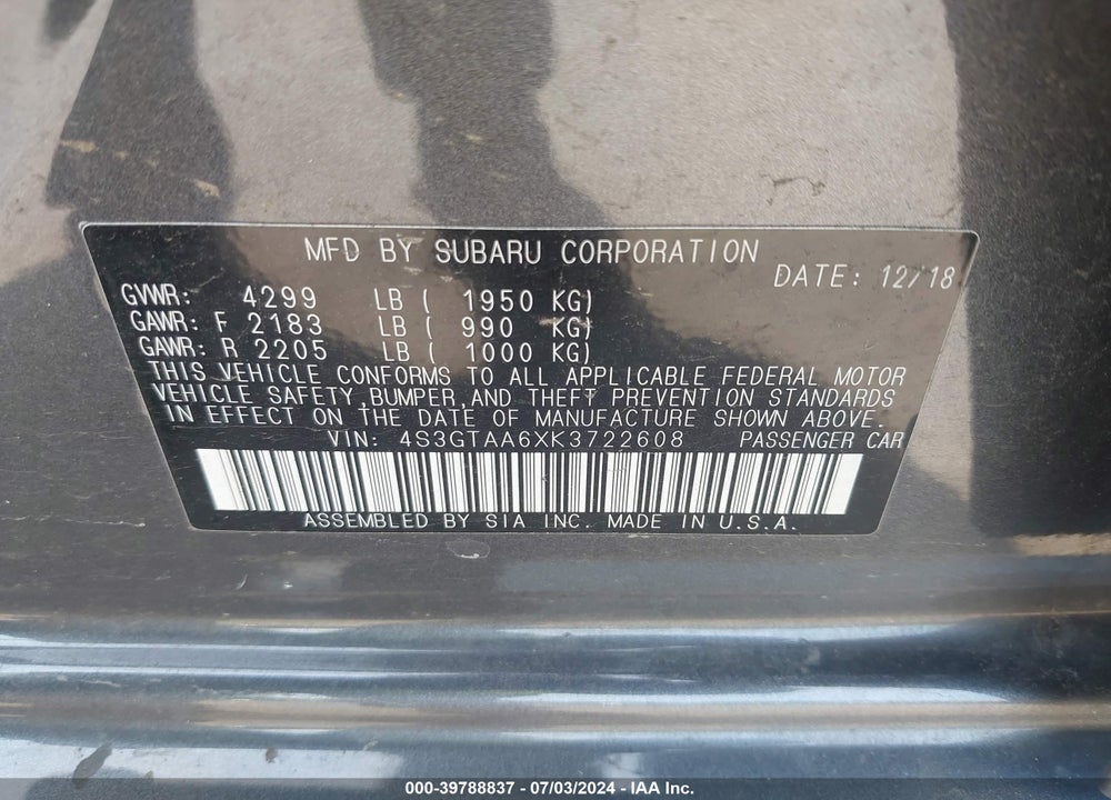2019 SUBARU IMPREZA 2.0I VIN: 4S3GTAA6XK3722608