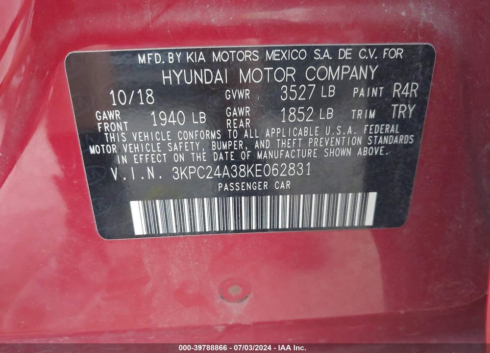 2019 HYUNDAI ACCENT SE VIN: 3KPC24A38KE062831