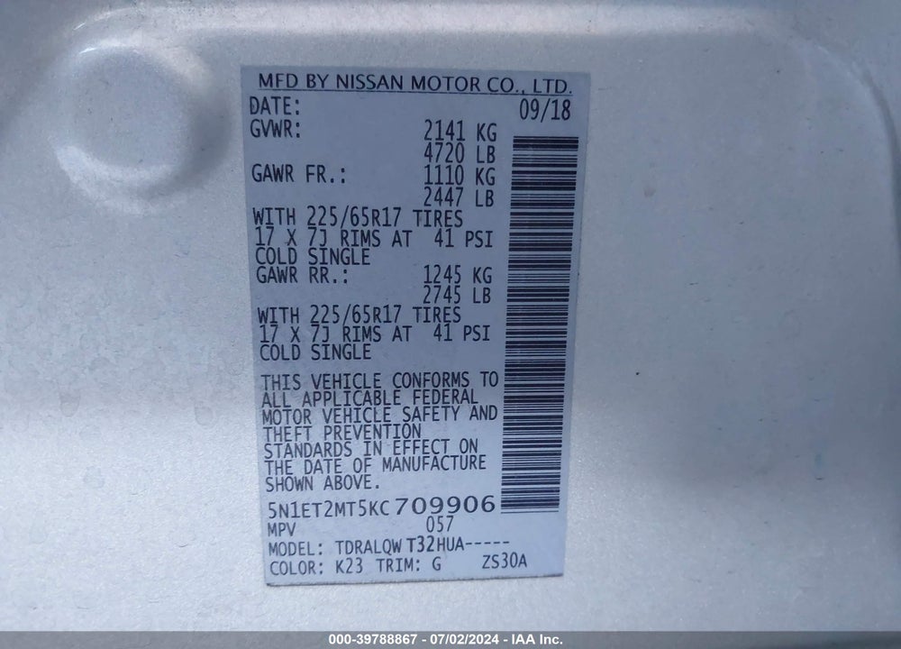2019 NISSAN ROGUE HYBRID SV VIN: 5N1ET2MT5KC709906
