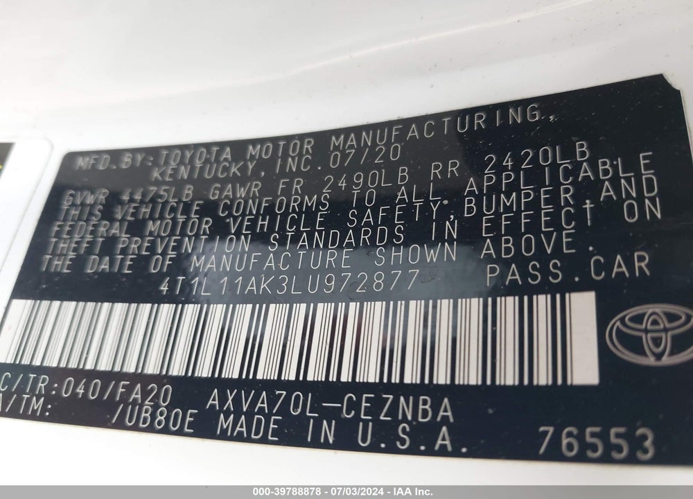 2020 TOYOTA CAMRY LE VIN: 4T1L11AK3LU972877
