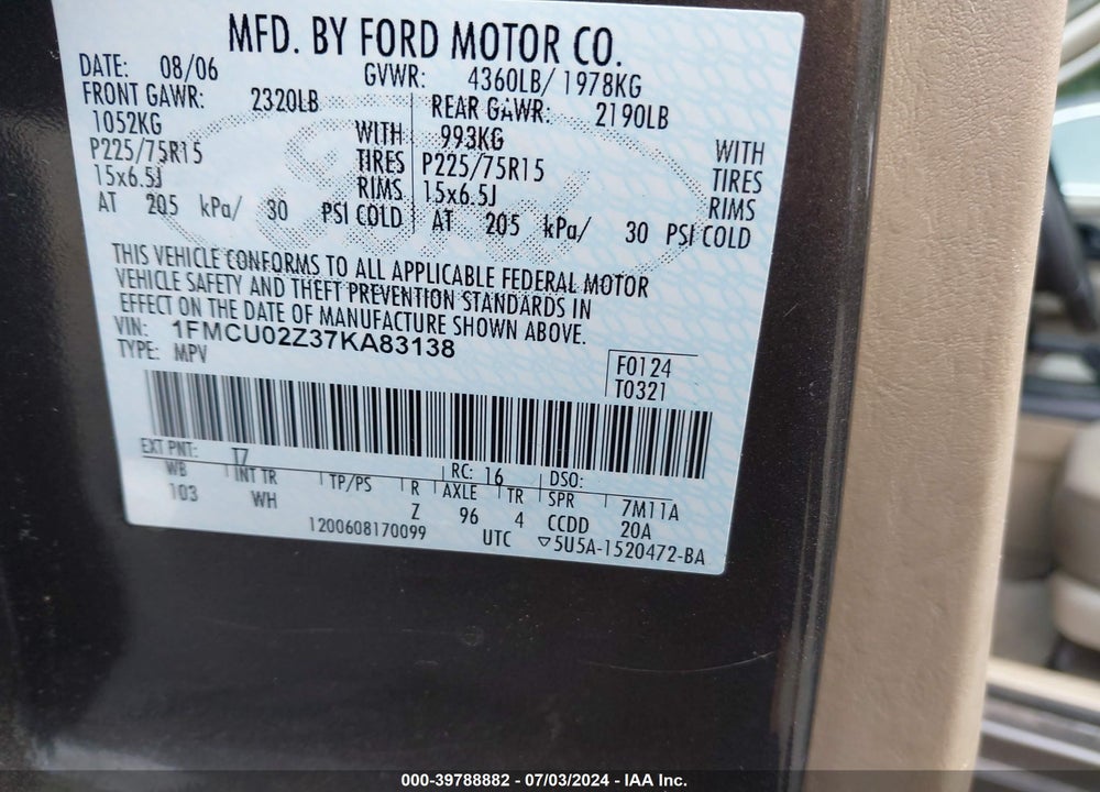 2007 FORD ESCAPE XLS/XLS MANUAL VIN: 1FMCU02Z37KA83138