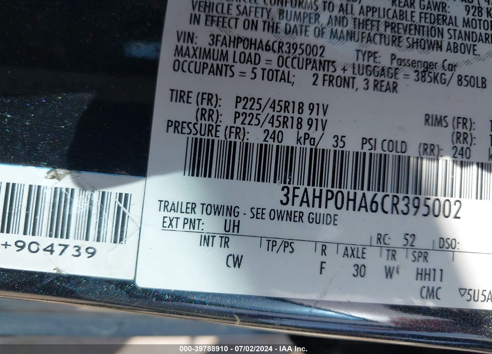 2012 FORD FUSION SE VIN: 3FAHP0HA6CR395002