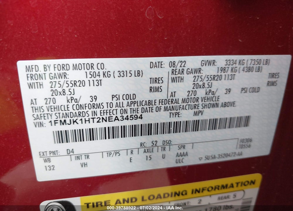 2022 FORD EXPEDITION XLT MAX VIN: 1FMJK1HT2NEA34594