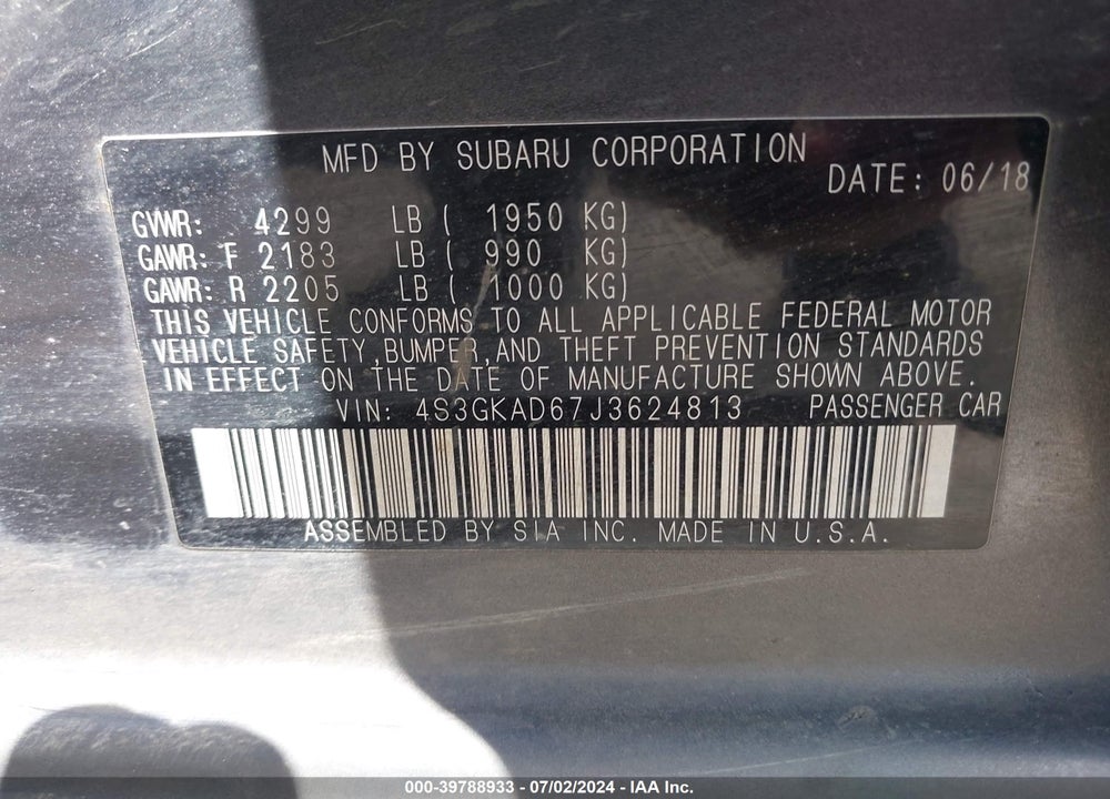 2018 SUBARU IMPREZA 2.0I PREMIUM VIN: 4S3GKAD67J3624813