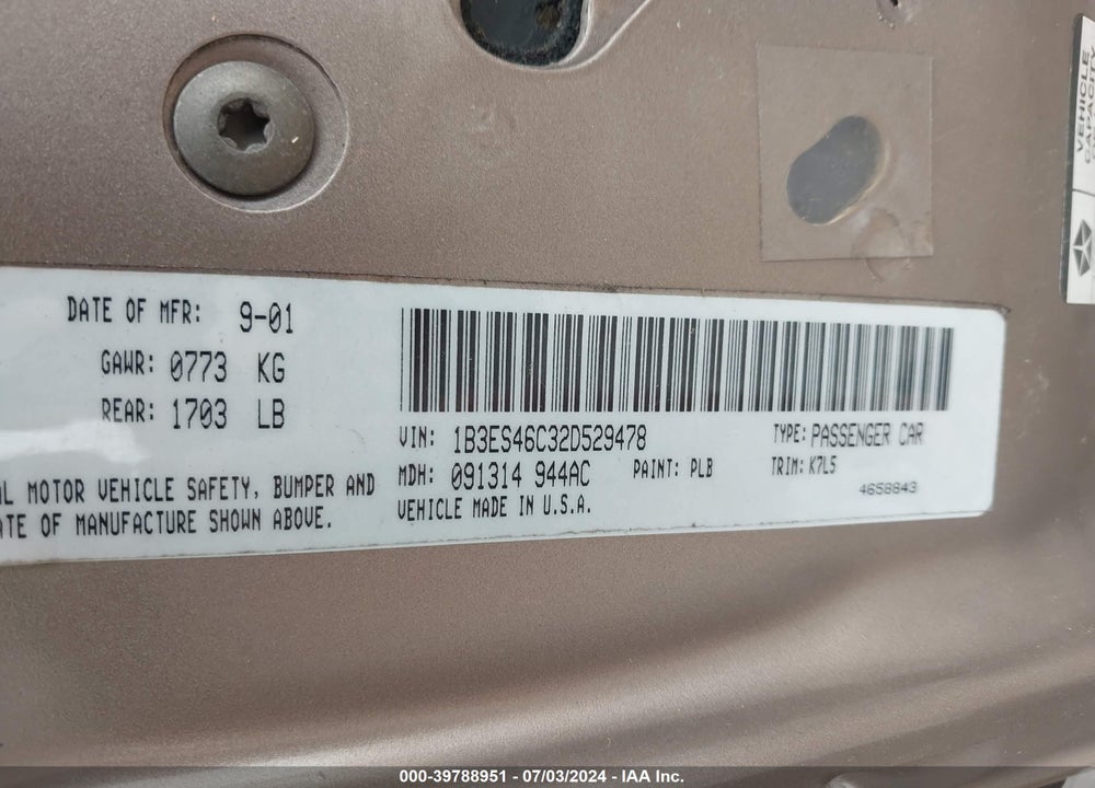 2002 DODGE NEON SE VIN: 1B3ES46C32D529478