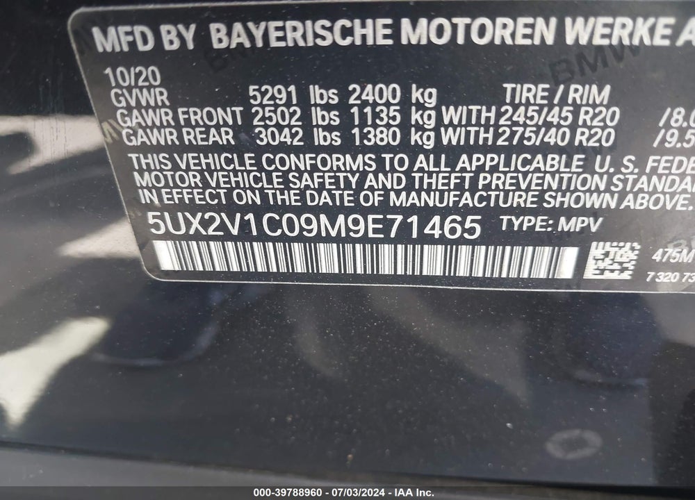 2021 BMW X4 VIN: 5UX2V1C09M9E71465