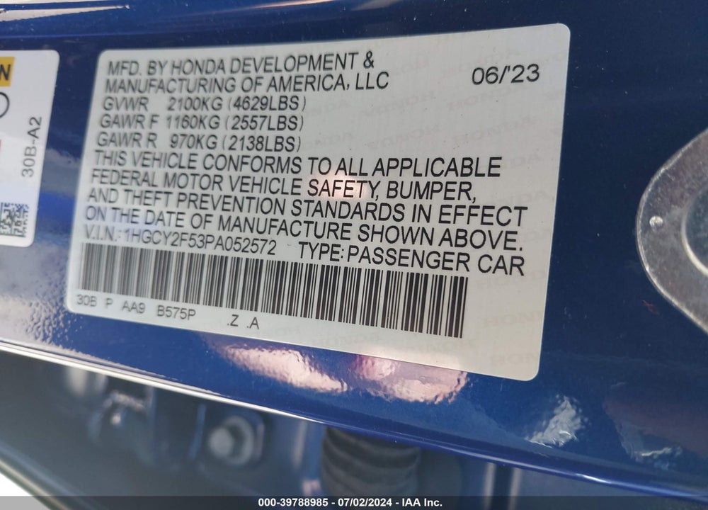 2023 HONDA ACCORD HYBRID SPORT VIN: 1HGCY2F53PA052572