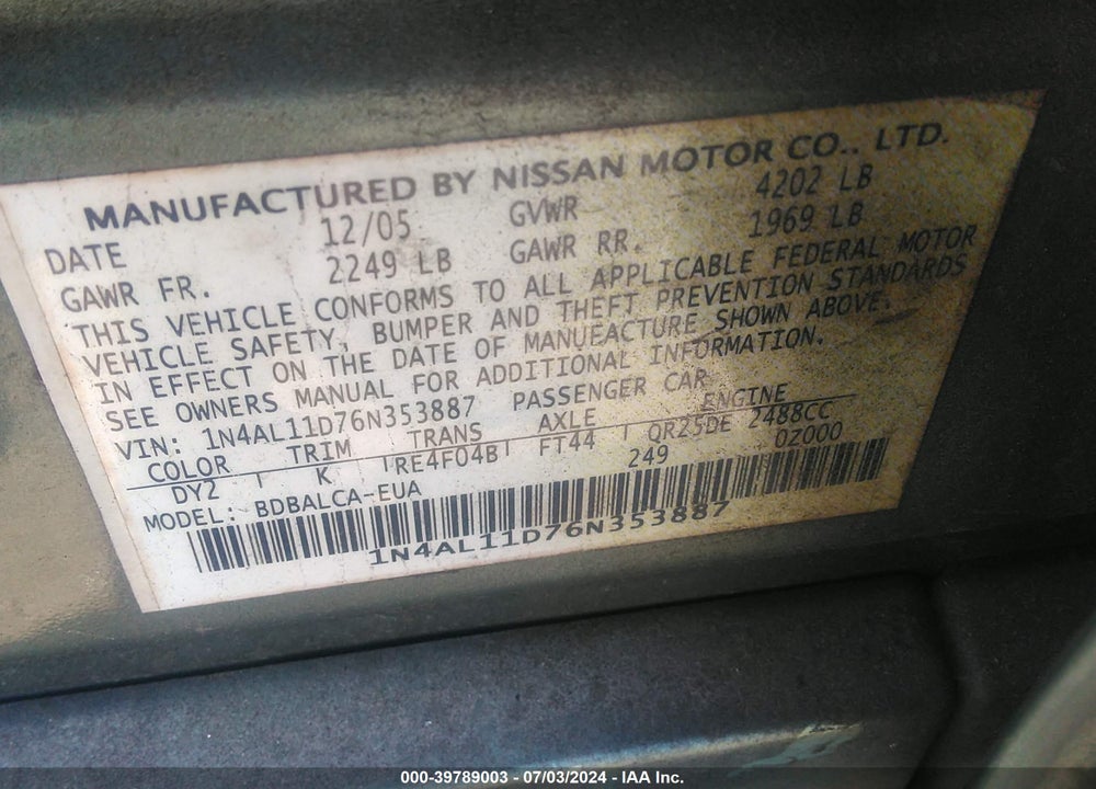 2006 NISSAN ALTIMA 2.5 S VIN: 1N4AL11D76N353887