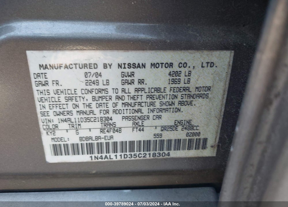 2005 NISSAN ALTIMA 2.5 S VIN: 1N4AL11D35C218304