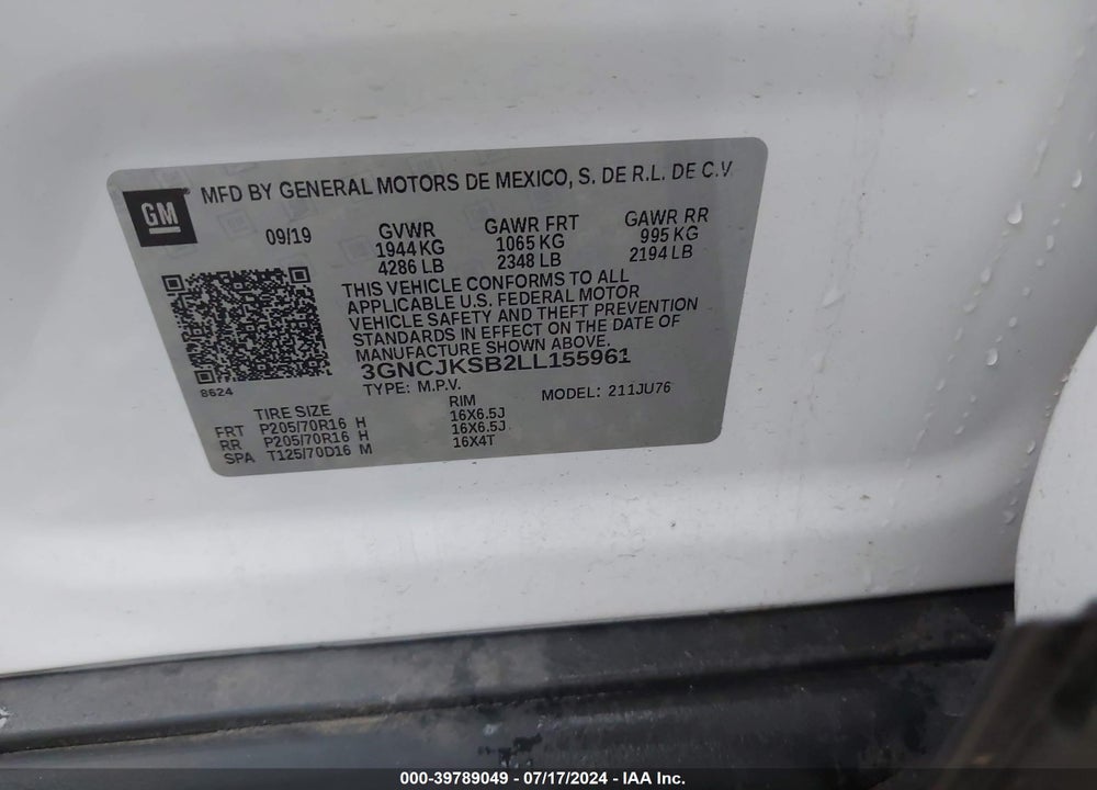 2020 CHEVROLET TRAX FWD LS VIN: 3GNCJKSB2LL155961