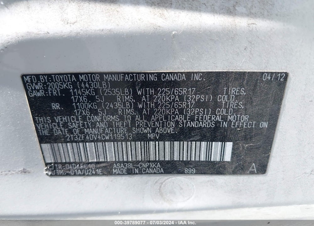 2012 TOYOTA RAV4 VIN: 2T3ZF4DV4CW119513