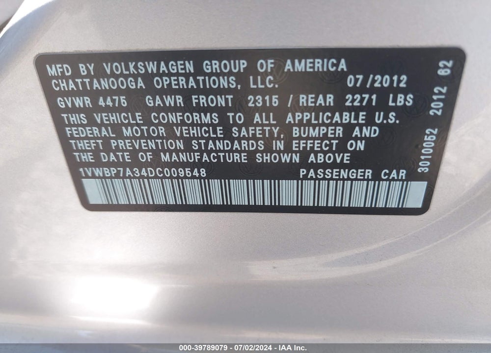 2013 VOLKSWAGEN PASSAT 2.5L SE VIN: 1VWBP7A34DC009548