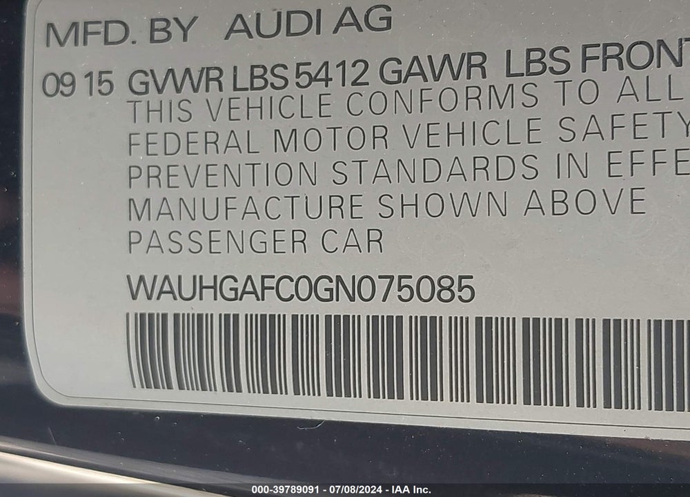 2016 AUDI A6 3.0T PREMIUM PLUS VIN: WAUHGAFC0GN075085