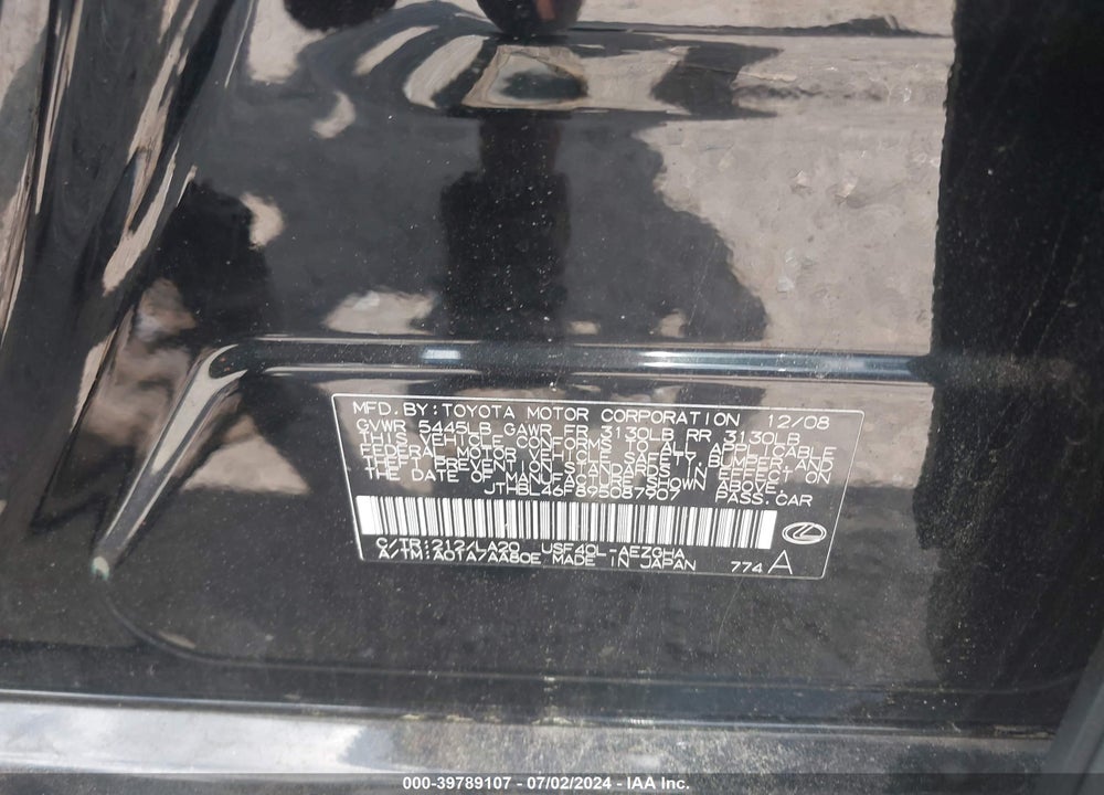 2009 LEXUS LS 460 VIN: JTHBL46F895087907