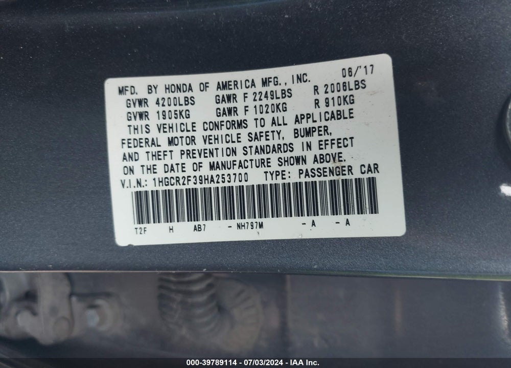 2017 HONDA ACCORD VIN: 1HGCR2F39HA253700