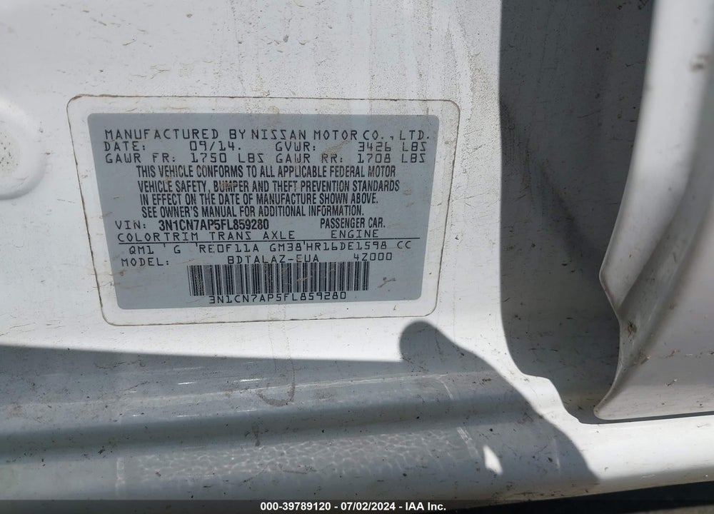 2015 NISSAN VERSA VIN: 3N1CN7AP5FL859280