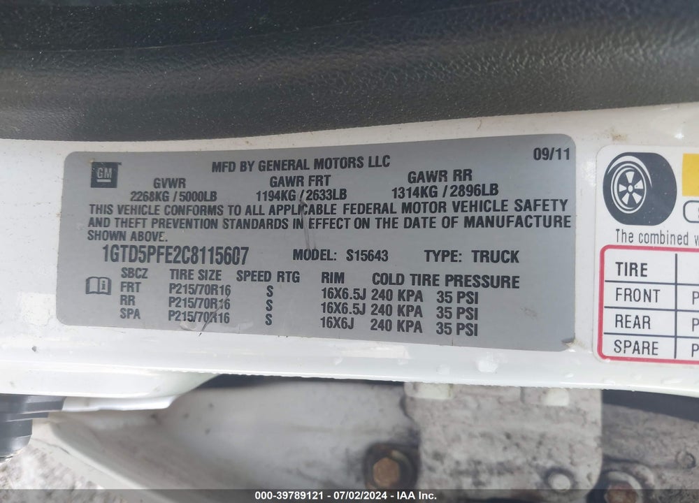 2012 GMC CANYON SLE2 VIN: 1GTD5PFE2C8115607