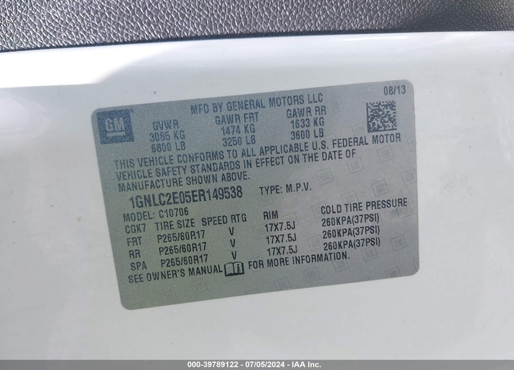 2014 CHEVROLET TAHOE COMMERCIAL FLEET VIN: 1GNLC2E05ER149538