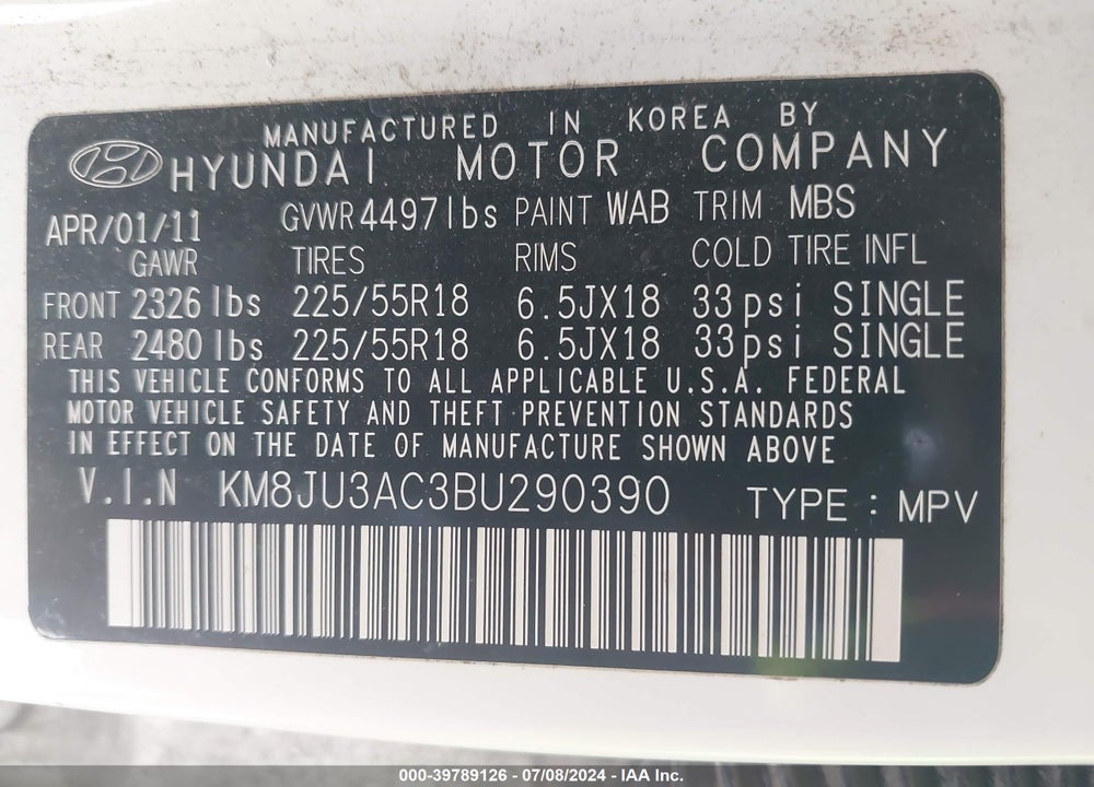 2011 HYUNDAI TUCSON LIMITED VIN: KM8JU3AC3BU290390