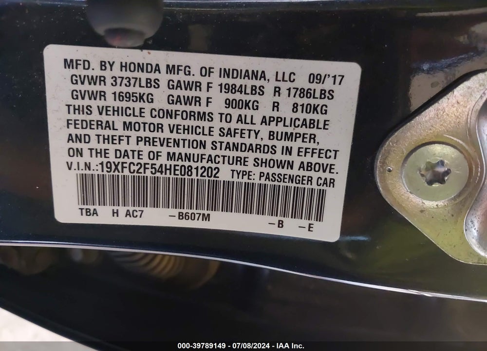 2017 HONDA CIVIC LX VIN: 19XFC2F54HE081202