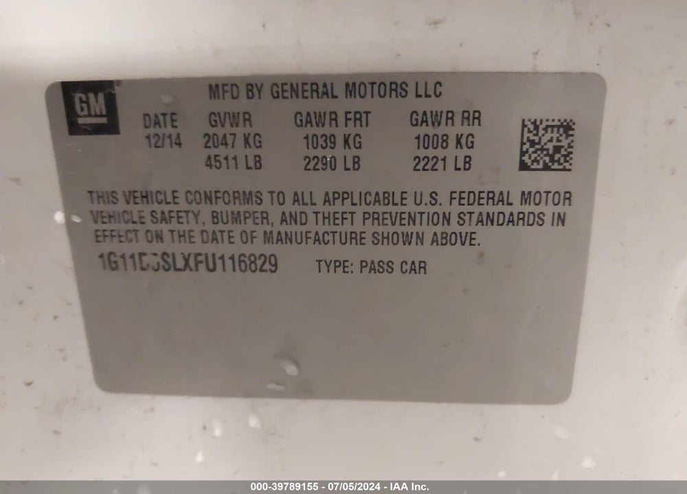 2015 CHEVROLET MALIBU 2LT VIN: 1G11D5SLXFU116829
