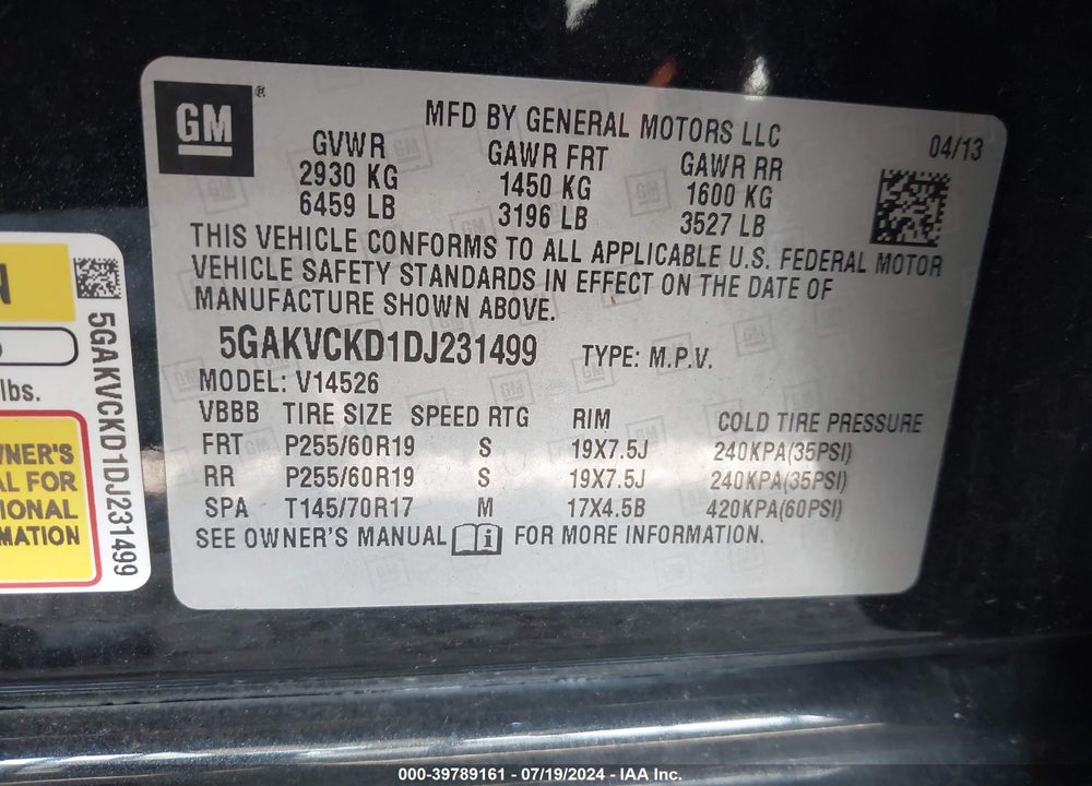 2013 BUICK ENCLAVE LEATHER VIN: 5GAKVCKD1DJ231499